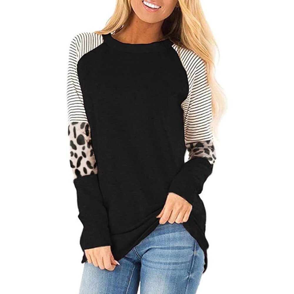 Leopard Print Long Sleeve Top Polyester Cotton Casual Blouse for Women